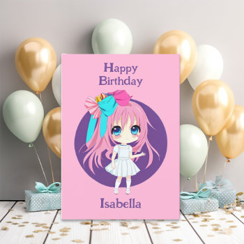 Personalized Pretty Pink Anime Birthday Girl Card by Magical_Maddness at Zazzle