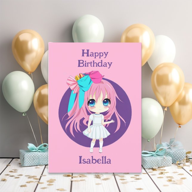 Personalized Pretty Pink Anime Birthday Girl Card (Creator Uploaded)