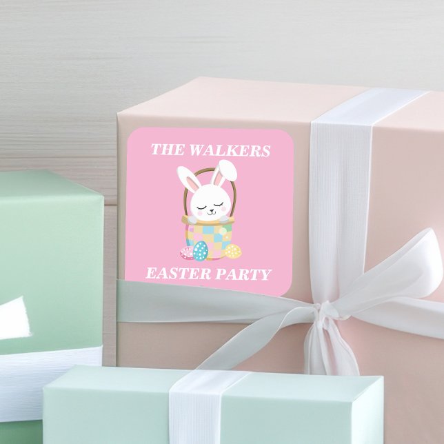 Personalized Pretty Pink Easter Bunny Party Square Sticker (Creator Uploaded)