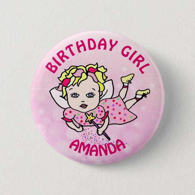 Personalized Pretty Pink Fairy Birthday Girl Button (Front)