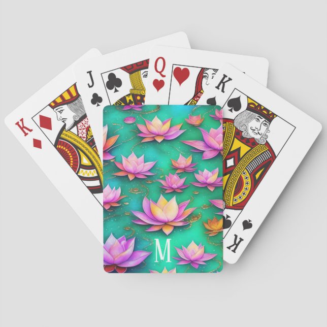 Personalized Pretty Pink Lotus Flower Pattern Poker Cards (Back)