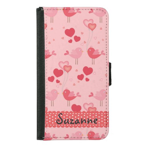 Personalized Pretty Pink Love Birds Hearts Pattern Samsung Galaxy S5 Wallet Case