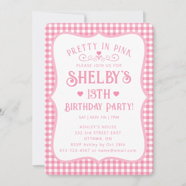 Personalized Pretty Pink Plaid 13th Birthday  Invitation (Front)