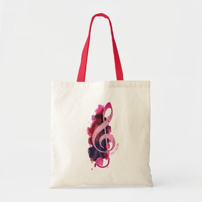 Personalized Pretty Pink Treble Clef Music Tote Bag (Front)