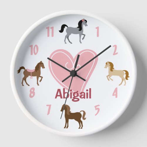 Personalized Pretty Ponies and Pink Heart Horse Clock