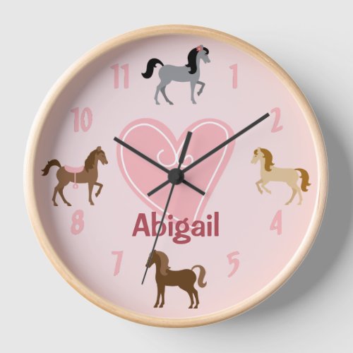 Personalized Pretty Ponies and Pink Heart Horse Clock