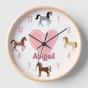 Personalized Pretty Ponies and Pink Heart Horse Clock