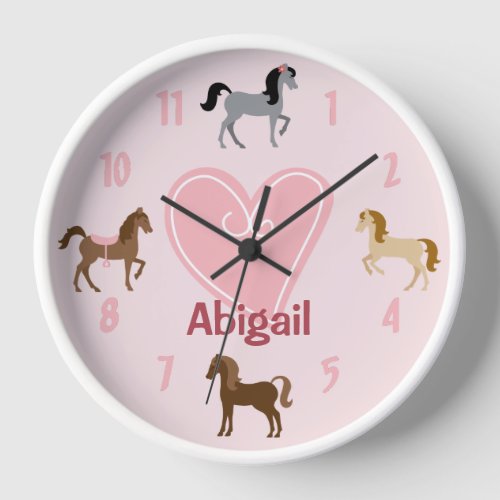 Personalized Pretty Ponies and Pink Heart Horse Clock