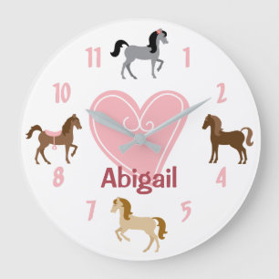Personalized Pretty Ponies and Pink Heart Horse Large Clock