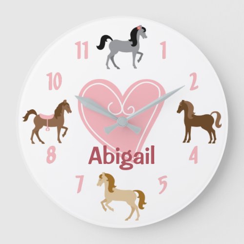 Personalized Pretty Ponies and Pink Heart Horse Large Clock