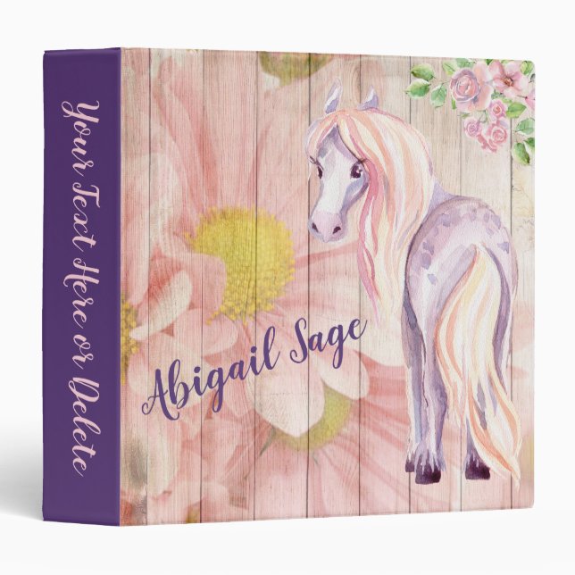 Personalized Pretty Pony and Daisy Flowers Horse 3 Ring Binder (Front/Spine)