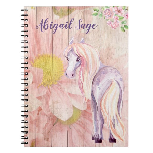 Personalized Pretty Pony and Daisy Flowers Horse Notebook (Front)
