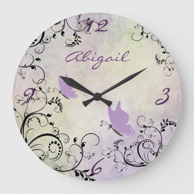 Personalized Pretty Purple Butterfly and Vines Large Clock (Front)
