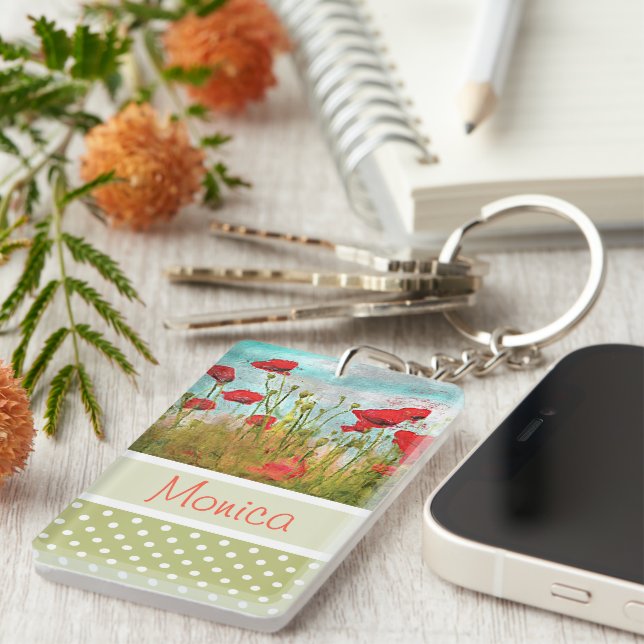 Personalized Pretty Red Poppy Flowers Keychain (Front Right)