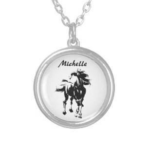 Personalized Pretty Silhouette Horse Black ~ White Silver Plated Necklace