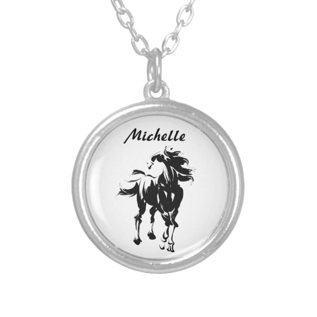 Personalized Pretty Silhouette Horse Black ~ White Silver Plated Necklace (Front)
