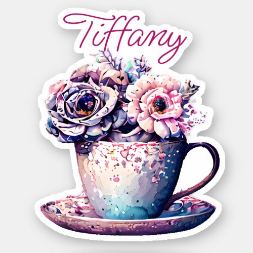 Personalized Pretty Vintage Tea Cup of Flowers Sticker