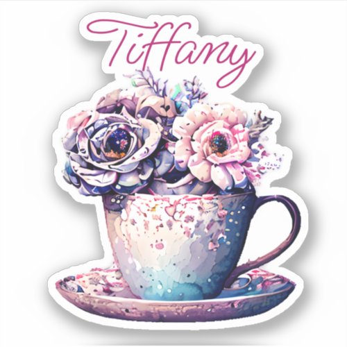 Personalized Pretty Vintage Tea Cup of Flowers Sticker