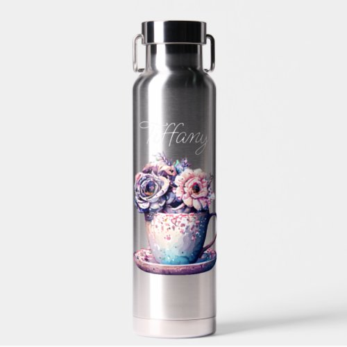 Personalized Pretty Vintage Tea Cup of Flowers Water Bottle