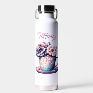 Personalized Pretty Vintage Tea Cup of Flowers Water Bottle