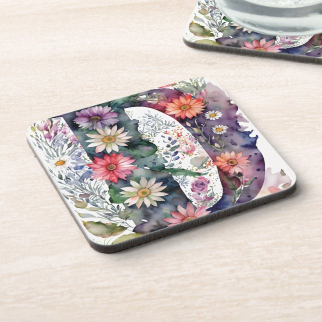 Personalized Pretty Watercolor Flowers Monogram Beverage Coaster (Left Side)