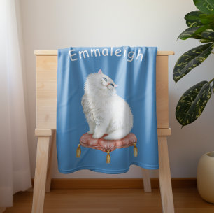 Personalized Pretty White Cat Sitting on Pillow Baby Blanket