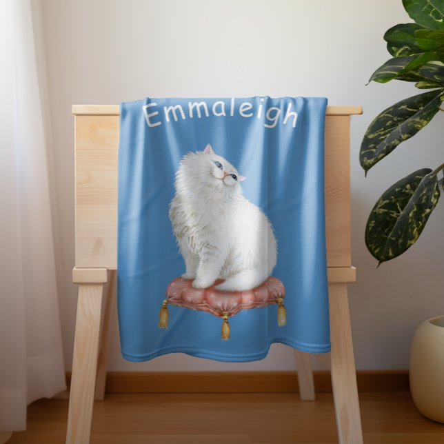 Personalized Pretty White Cat Sitting on Pillow Baby Blanket (Creator Uploaded)