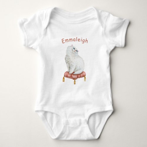 Personalized Pretty White Cat Sitting on Pillow Baby Bodysuit
