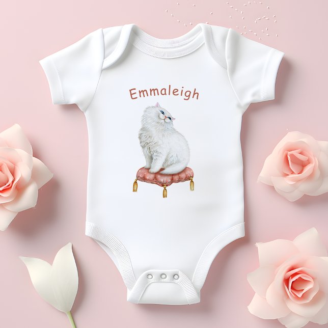 Personalized Pretty White Cat Sitting on Pillow Baby Bodysuit (Creator Uploaded)