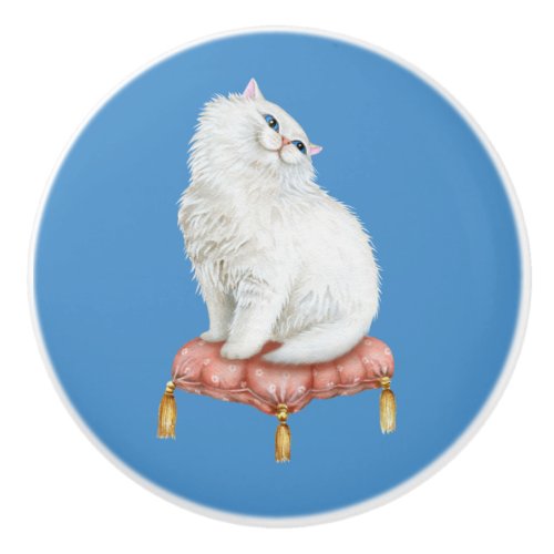 Personalized Pretty White Cat Sitting on Pillow Ceramic Knob