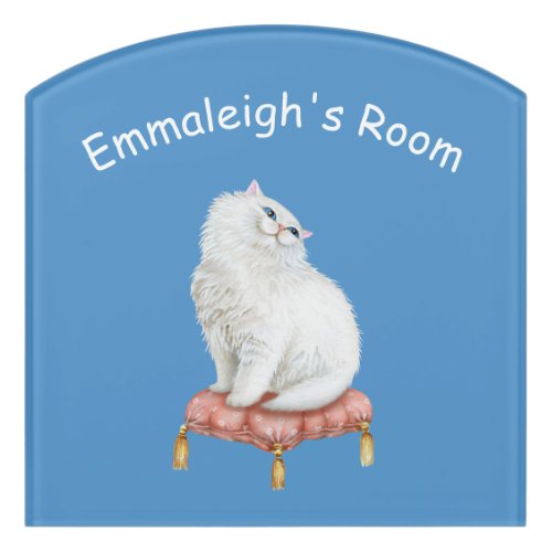 Personalized Pretty White Cat Sitting on Pillow Door Sign