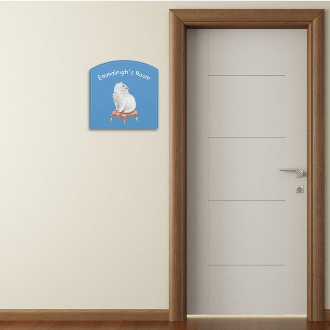 Personalized Pretty White Cat Sitting on Pillow Door Sign (Creator Uploaded)