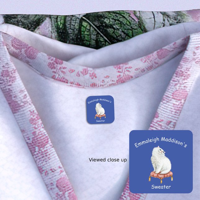 Personalized Pretty White Cat Sitting on Pillow Kids' Labels (Creator Uploaded)