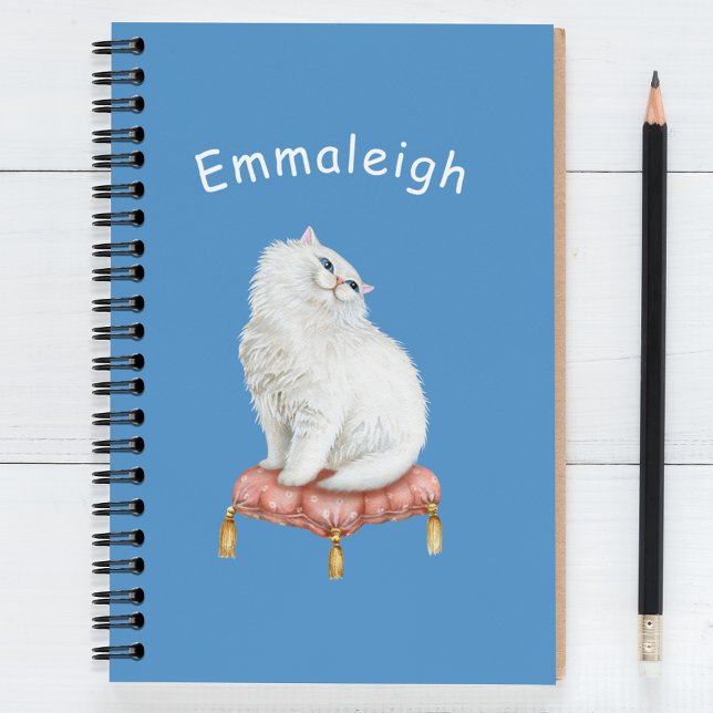 Personalized Pretty White Cat Sitting on Pillow Notebook (Creator Uploaded)