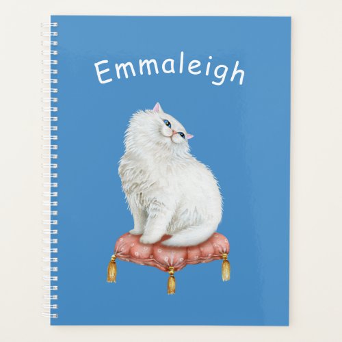 Personalized Pretty White Cat Sitting on Pillow Planner