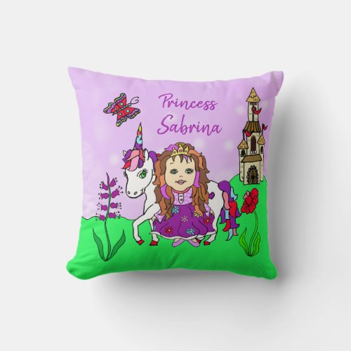 Personalized Princess and Unicorn Rainbow Girls Throw Pillow