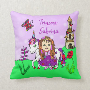 Personalized Princess and Unicorn Rainbow Girl's Throw Pillow