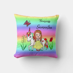 Personalized Princess and Unicorn Rainbow Girl's Throw Pillow