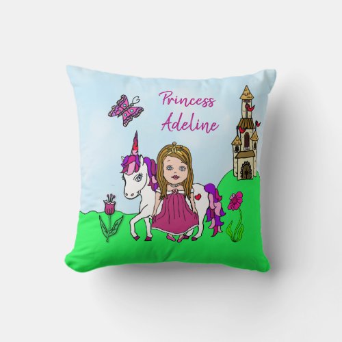 Personalized Princess and Unicorn Rainbow Girls Throw Pillow