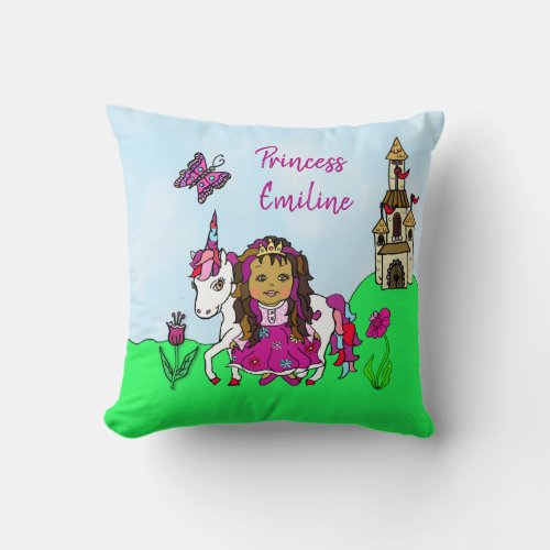 Personalized Princess and Unicorn Rainbow Girls Throw Pillow