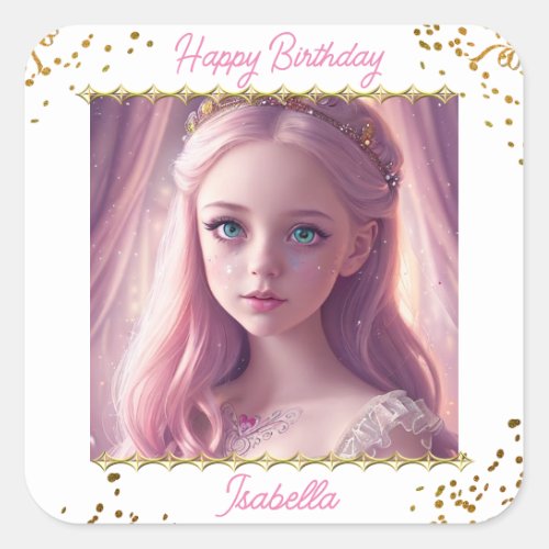 Personalized Princess Little Girls Birthday Square Sticker