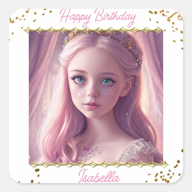Personalized Princess Little Girl's Birthday Square Sticker (Front)