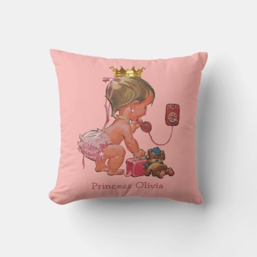 Personalized Princess on Phone with Teddy Bear Throw Pillow