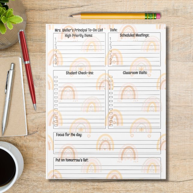 Personalized Principal Daily To-Do List rainbow Notepad (Trendy rainbow principal daily to-do list)