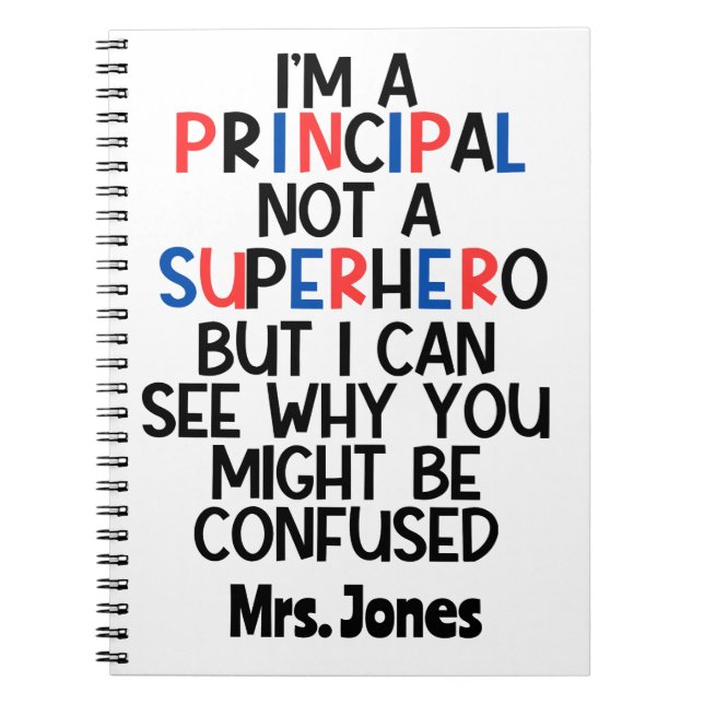 Personalized Principal red blue black Superhero Notebook (Front)