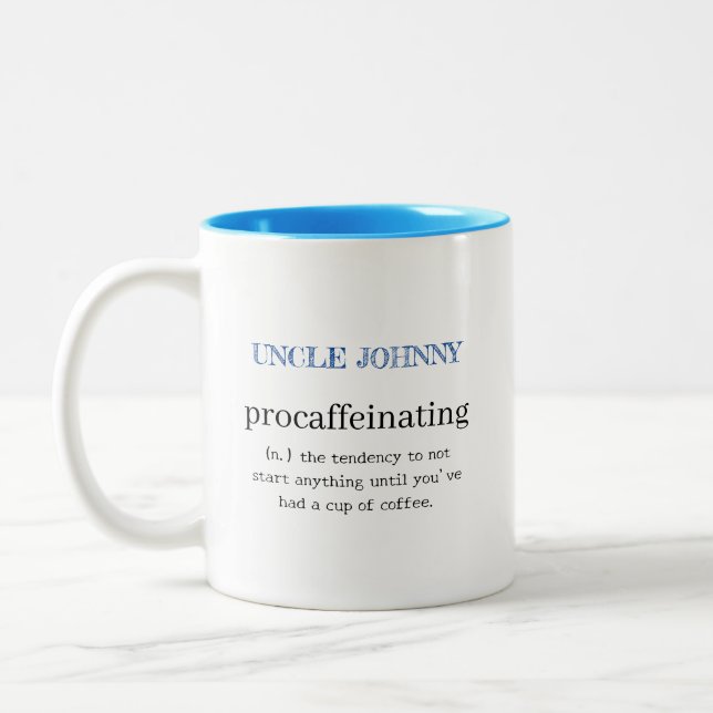 Personalized Procaffeinating Blue Two-Tone Coffee Mug (Left)