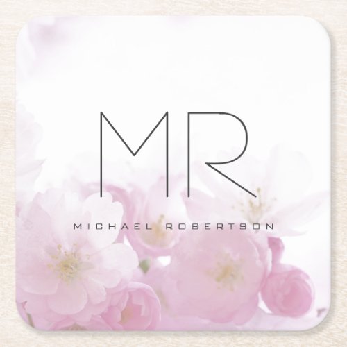 Personalized Professional Monogram Minimal Floral Square Paper Coaster