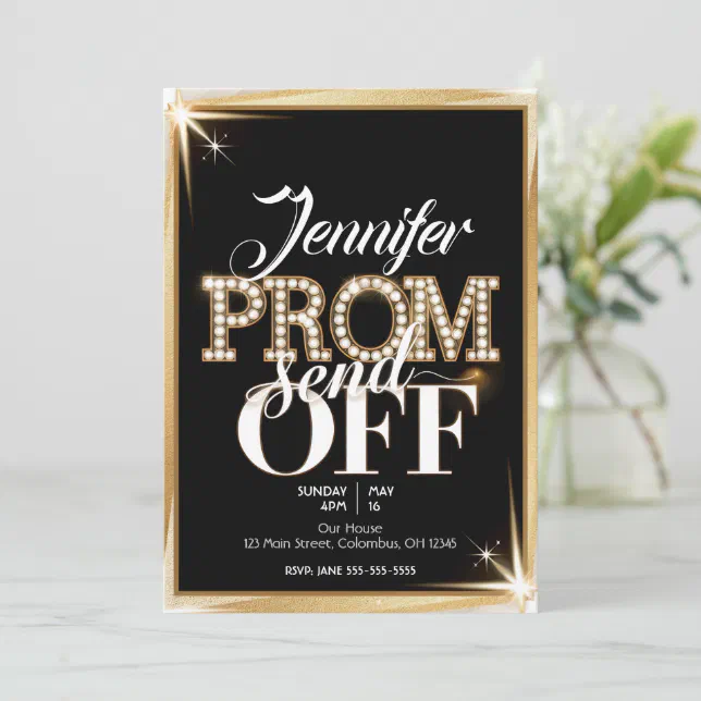 Personalized PROM SEND-OFF Elegant Black and Gold Invitation | Zazzle