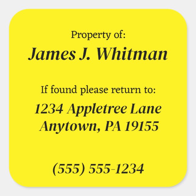 Personalized Property of Custom Information Square Sticker (Front)