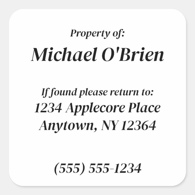 Personalized Property of Custom Information Square Sticker (Front)